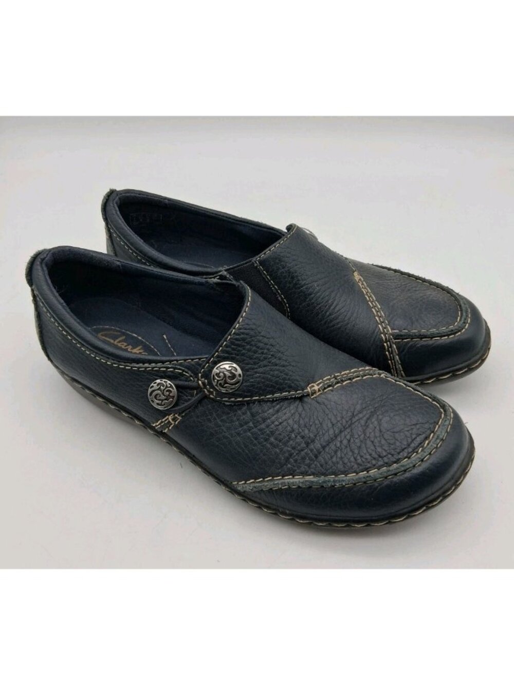 Clarks Collection Blue Leather Slip On Loafers Women’s Size 6.5 M Comfort